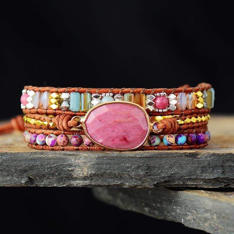 Healing Rhodochrosite Wrap Bracelet Bright | Bohemian | 100% handmade 