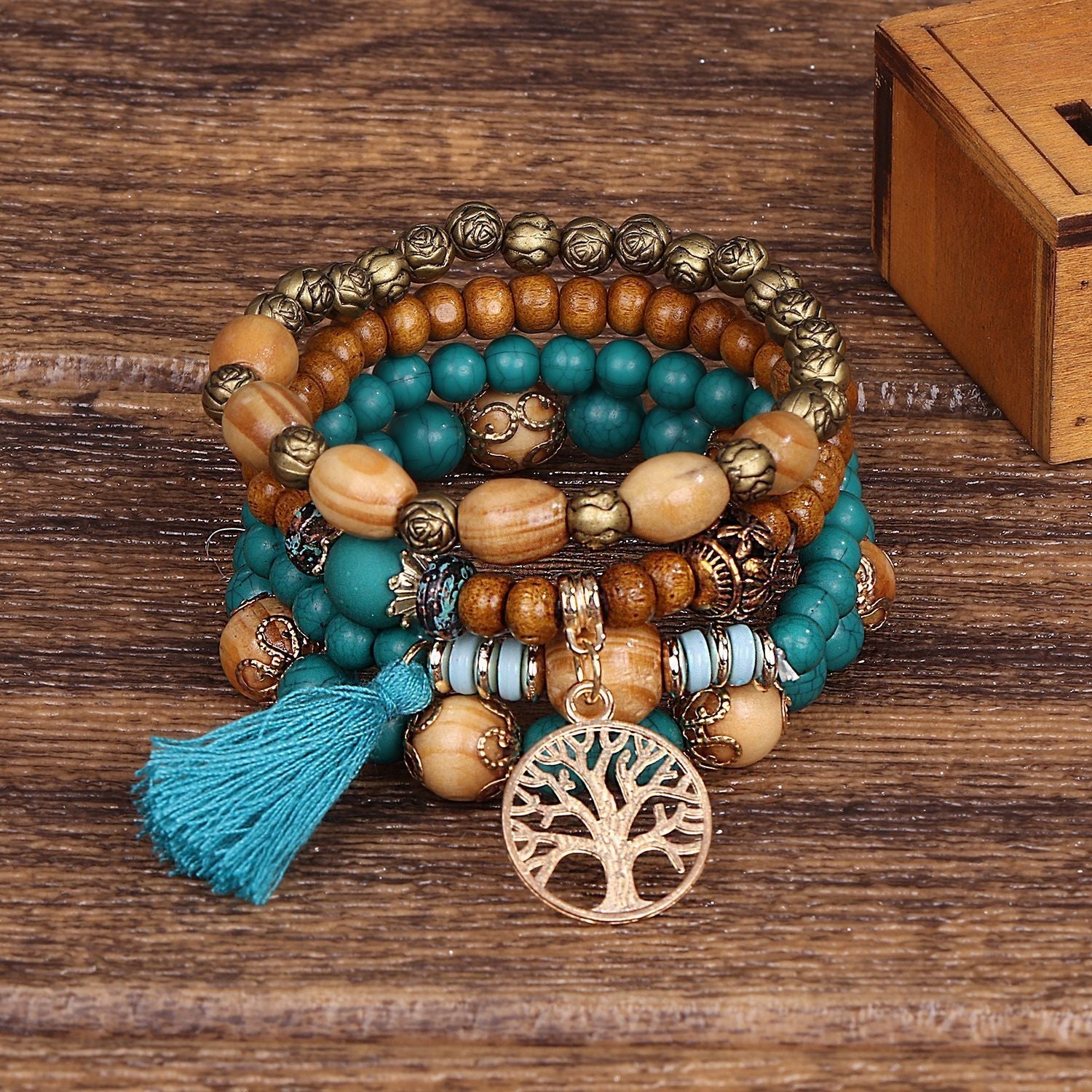 Boho Tree of Life Beaded Bracelet Set - Turquoise - Set of 4